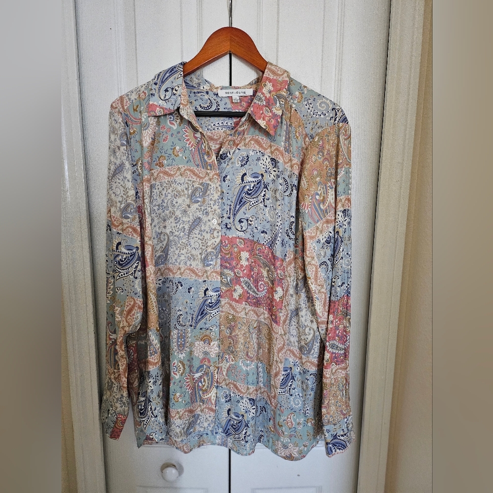 Rose + Olive Paisley Patchwork Button Down Blouse… - image 4